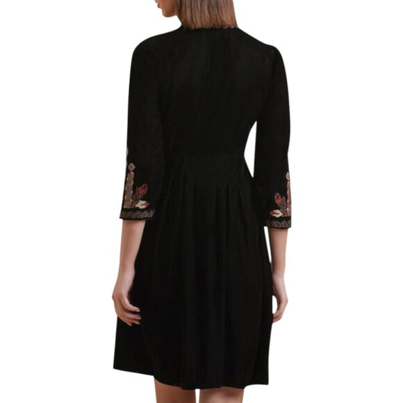 Label Ritu Kumar Black Micro Velvet V Neck Hungarian Embroidered Dress - S NWT - Picture 3 of 15